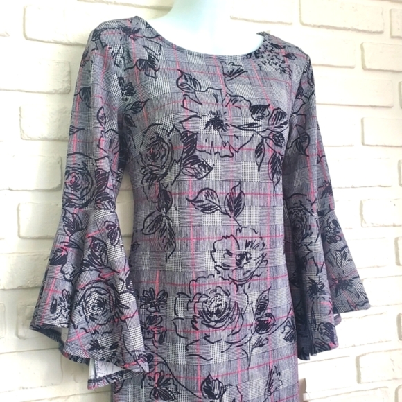 NWT Olivia Matthews Dress Long Bell Sleeves Black Gray Pink Floral Plaid Size S - Picture 2 of 12